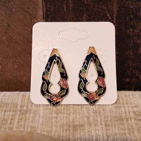 Gold Tone Cloisonne Enamel Earrings - Picture 8 of 9